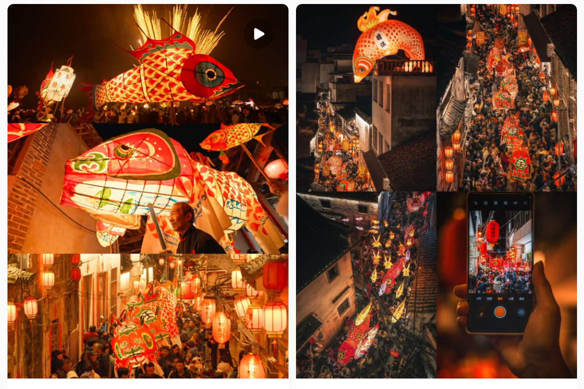 魚(yú)燈相關(guān)視頻、圖片獲得數(shù)萬(wàn)點(diǎn)贊。社交媒體截圖